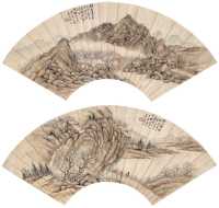 陆恢 壬辰（1892年）作 梅花书屋图 孤山探梅图 扇片（二开）